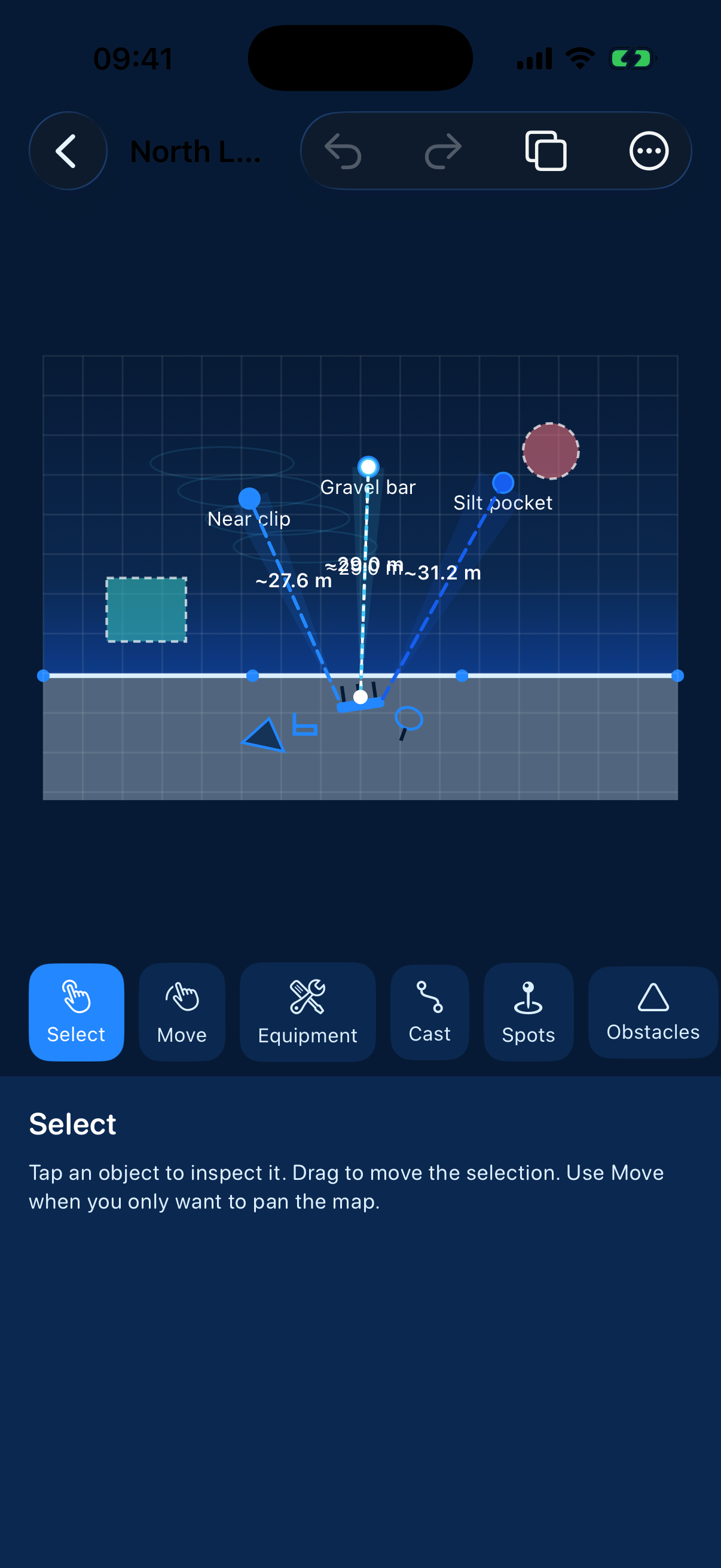 CarpFish studio editor with casting lines on a sector map
